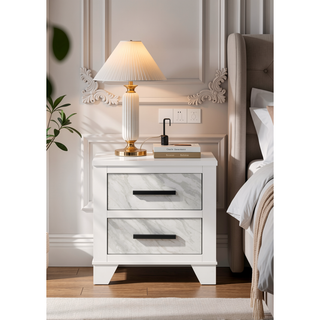 Sunvega White Rubberwood Nightstand with Faux Marble Inset and Black Bar Pulls