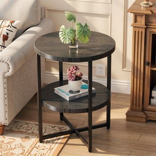 Sunvega Small Round Side Table with 2 Tiers for Bedroom Living Room Farmhouse