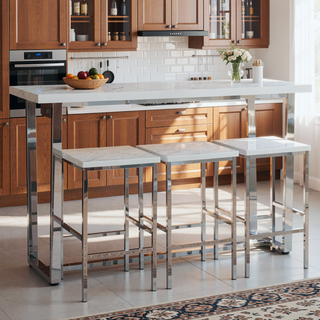Sunvega White Marble 4-Piece Counter Height Dining Set with Power Outlet
