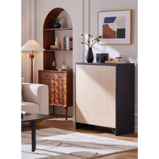 Sunvega Modern Black Wood Veneer Nightstand with Two Drawers for Bedroom