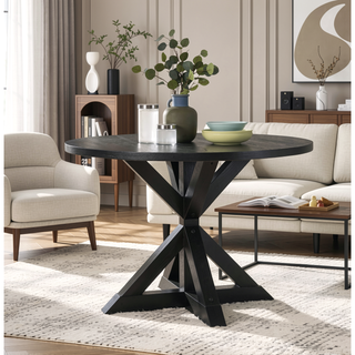 Sunvega Cross-Buck Base Dining Table in Black Made of Solid Rubberwood