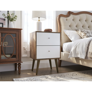 Sunvega Modern White and Brown Nightstand with 2 Drawers for Bedroom