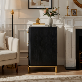 Sunvega Black Nightstand with Three Drawers Gold Accents for Bedroom Storage