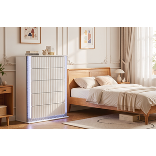 Sunvega Contemporary White 5-Drawer Chest with Diamond-Patterned LED Side Accents and Textured Fronts