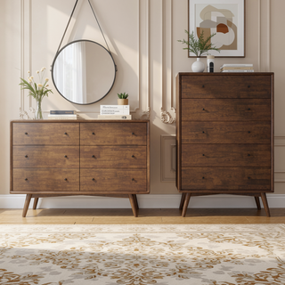 Sunvega Mid Century Modern 5-Drawer Solid Wood Dresser for Bedroom Living Room