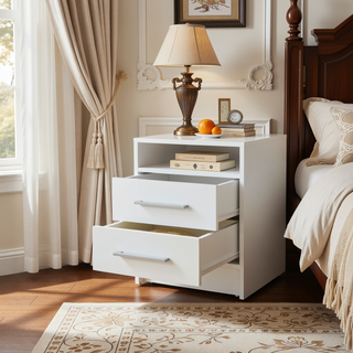 Sunvega White Rectangle Nightstand with Two Drawers and Shelf for Bedroom