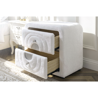 Sunvega White Teddy Sherpa Nightstand With Chrome Crystal Knob And Glass Top