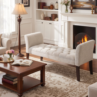 Sunvega Traditional Button Tufted Upholstered Bench with Arms and Solid Wood Legs for Bedroom