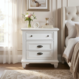 Sunvega White Finish Solid Acacia Wood Nightstand with Two Dovetail Drawers