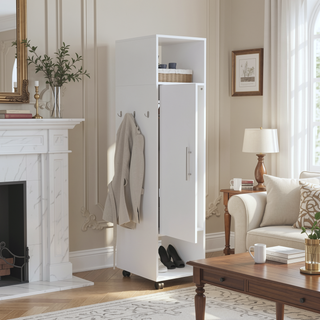 Sunvega Tall Wardrobe Cabinet with Mirror, Shelves, Hanging Rod and Casters for Bedroom
