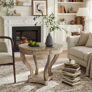 Sunvega Small Round Natural Wood Side Table with Two Storage Drawers