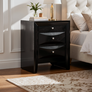 Sunvega Elegant Black Nightstand With Three Drawers for Bedroom Storage