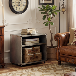 Sunvega Vintage Style Aluminum 2-Shelf Nightstand with Nailhead Trim and Casters