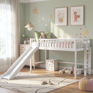Sunvega Twin Size Low Loft Bed with Slide and Space Saving Ladder in Gray