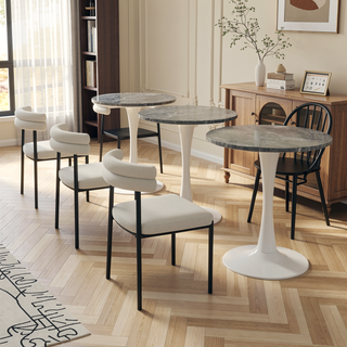 Sunvega Round White Pedestal Side Table with Marble Effect Top for Living Room