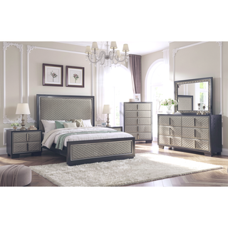 Sunvega Silver and Black Nightstand with Diamond Quilted Drawer Fronts