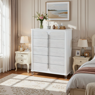 Sunvega White Upholstered Chest with Textured Drawer Fronts and Acrylic Legs