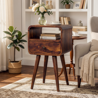 Sunvega Chestnut Brown Solid Wood Mini Curve Bedside with Drawer and Open Slot