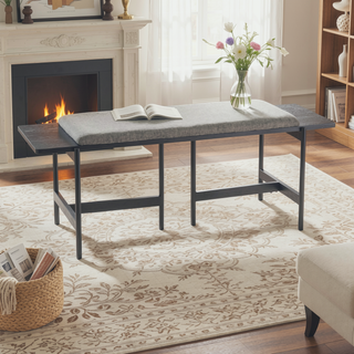 Sunvega Contemporary Black Metal and Grey Fabric Bench with Distressed Wood Accent