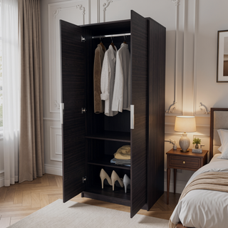 Sunvega Two-Door Wardrobe with Hanging Rod and Two Shelves for Bedroom