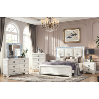 Sunvega Modern White Wood Chest with Crystal Accents and Hidden Jewelry Drawer