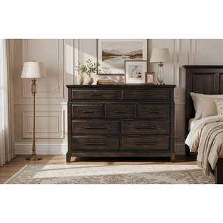 Sunvega 9 Drawer Dresser with Elm Veneers Pine Solids and Mahogany Finish