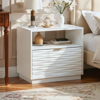 Sunvega Modern White Finish Nightstand with Gold Tone Hardware and Spacious Drawer