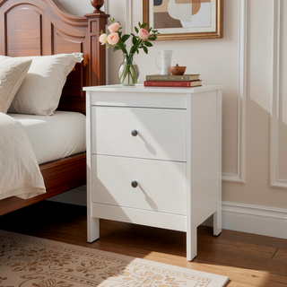 Sunvega White Nightstand with Two Spacious Drawers and Classic Knob Hardware