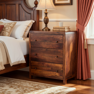 Sunvega Solid Mango Wood Chest with 3 Drawers and Sleek Chestnut Finish
