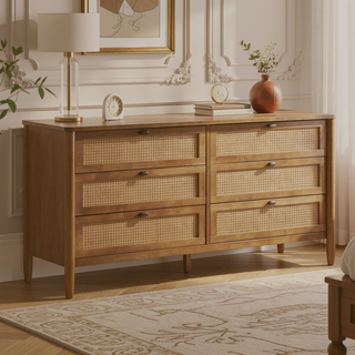 Sunvega Warm Light Walnut Finish Wood Dresser with Rattan Accents and Mirror