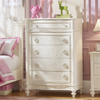 Sunvega Ivory Floral Embroidered 5-Drawer Chest with Wooden Bun Legs