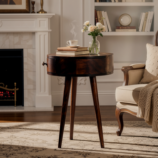 Sunvega Solid Wood Nordic California Walnut Circular Bedside Table with Drawer