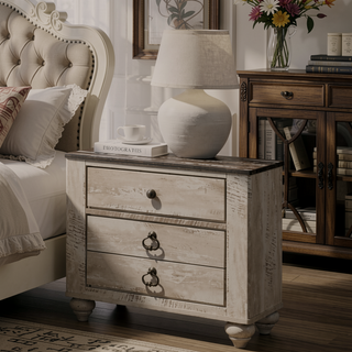 Sunvega Antique Brown Patched Wood Top Nightstand with Three Spacious Drawers