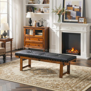 Sunvega Black PU Leather Upholstered Lucia Bench with Solid Teak Wood Legs