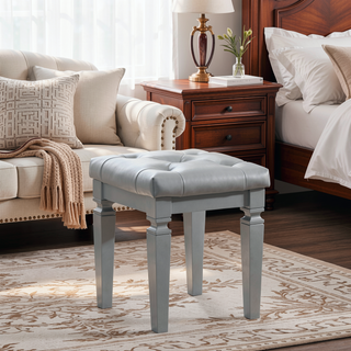 Sunvega Modern Glam Silver Finish Tufted Faux Leather Vanity Stool with Foam Cushion