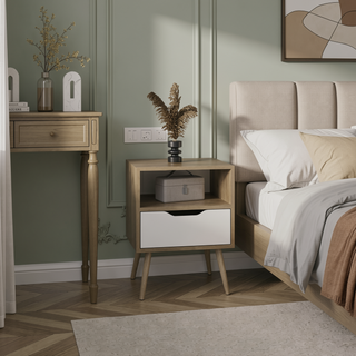 Sunvega Natural Oak and White Modern Nightstand with Drawer and Open Shelf