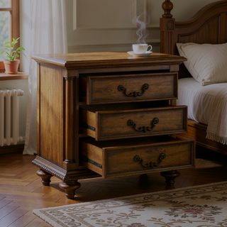Sunvega Weathered Pecan Finish Nightstand with 3 Dovetail Drawers and Metal Hardware