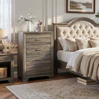 Sunvega Brown Oak Transitional Four-Drawer Chest with Metal Handles for Bedroom