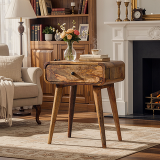 Sunvega Mid-Century Modern Solid Mango Wood Nightstand with Drawer and Tapered Legs