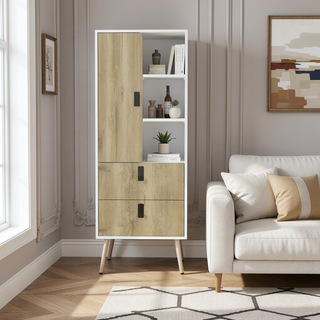 Sunvega Magness White Macadamia Tall Dresser with Two Large Drawers and Open Shelves