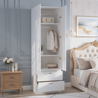 Sunvega White Bedroom Armoire with Spacious Storage Cabinet and Two Drawers