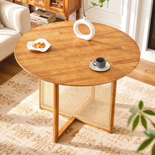 Sunvega Chinese Country Retro Walnut Solid Wood Round Table with Imitation Rattan Legs