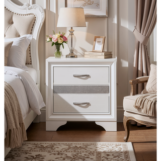 Sunvega White and Silver Glitter Nightstand with Hidden Felt-Lined Jewelry Drawer