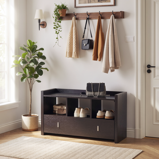 Sunvega Red Cocoa Shoe Entry Bench with Storage Drawer and Three Shelves