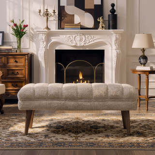 Sunvega Cream Boucle Puffer Bench with Curved Top and Nordic Legs for Living Room