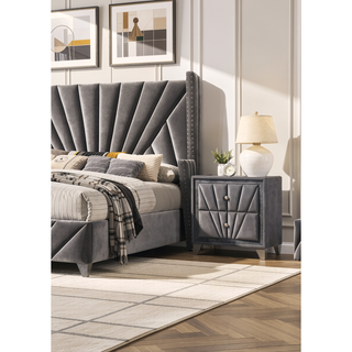 Sunvega Transitional Gray Upholstered Nightstand with Glass Top and Crystal Knobs