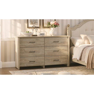 Sunvega Celeste 57 Inch Light Oak Finish 6-Drawer Dresser with Black Metal Handles