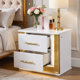 Sunvega Contemporary Gold Finish Nightstand with Two Drawers and LED Lights