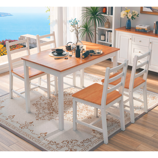 Sunvega Rustic Pine Wood Dining Table Set with Four High Back Chairs
