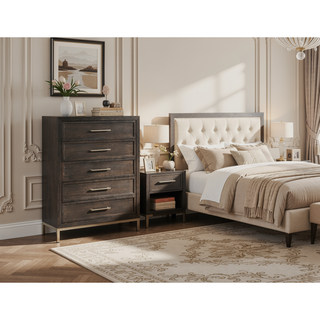 Sunvega Mindi Wood 5-Drawer Chest with Champagne Metal Base and Frame Molding